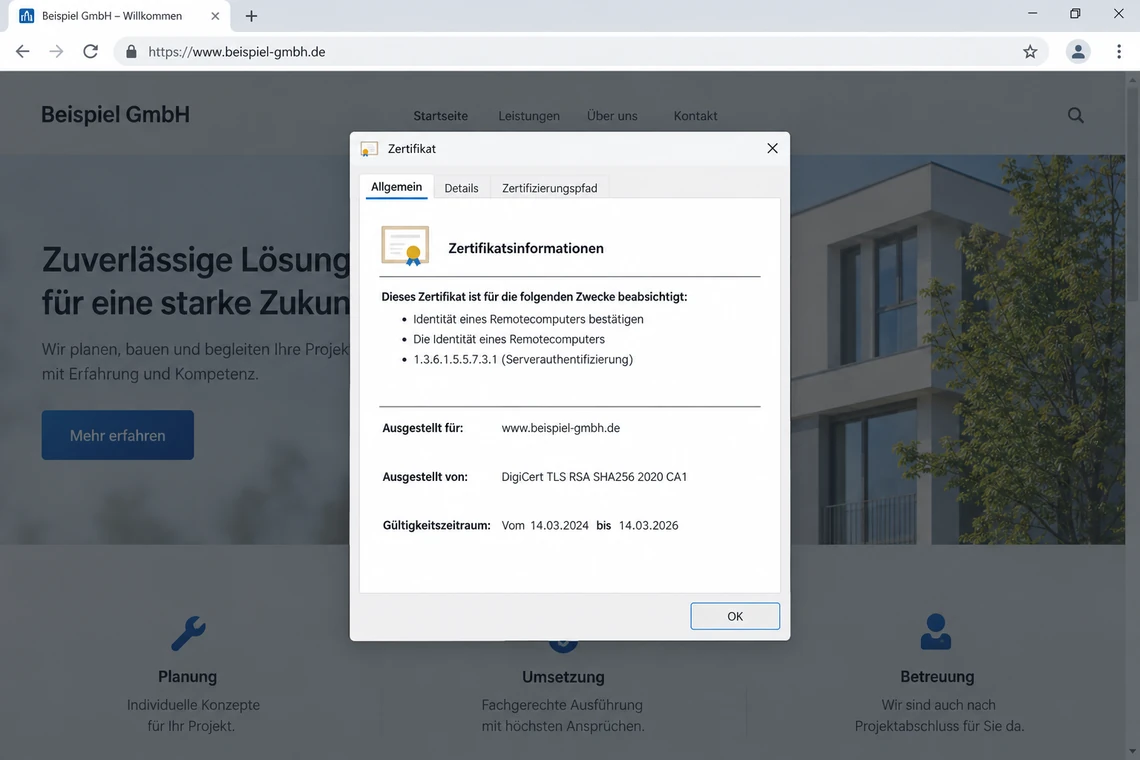 Zertifikatsdetails mit Aussteller und Gültigkeitszeitraum