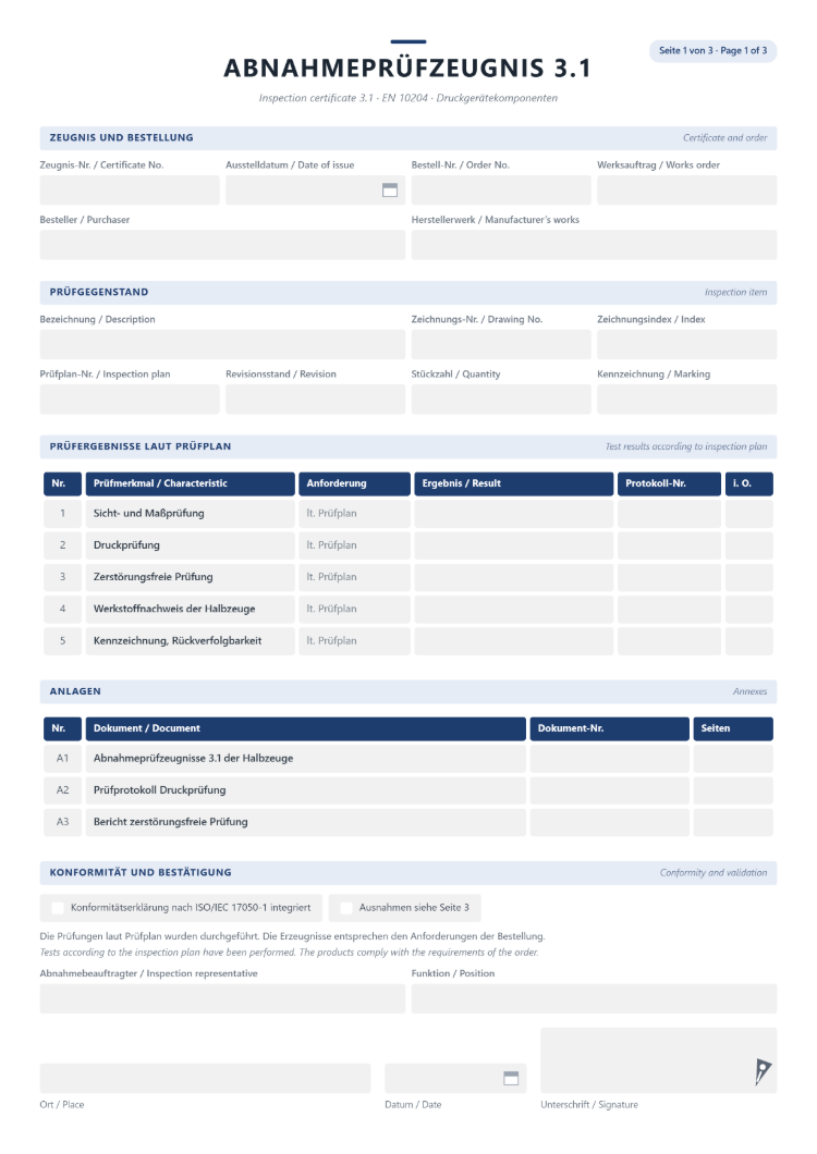 Zweisprachiges Abnahmeprüfzeugnis 3.1 für Druckgerätekomponenten in Deutsch und Englisch mit Prüfplan und Revisionsstand, Prüfergebnissen laut Prüfplan, Anlagenliste und Konformitätserklärung