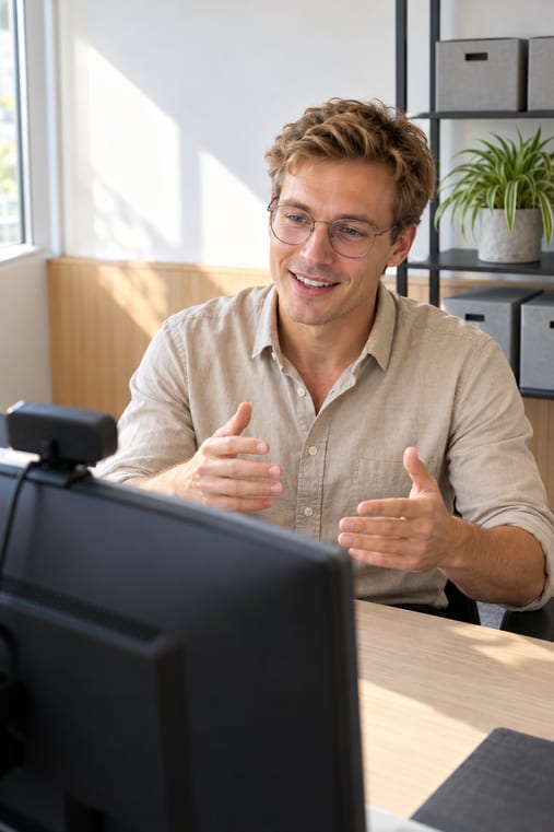Formilo-Berater erklärt im Online-Meeting mit lebhaften Gesten, wie das Abnahmeprüfzeugnis entsteht, im Vordergrund der Monitor mit Webcam