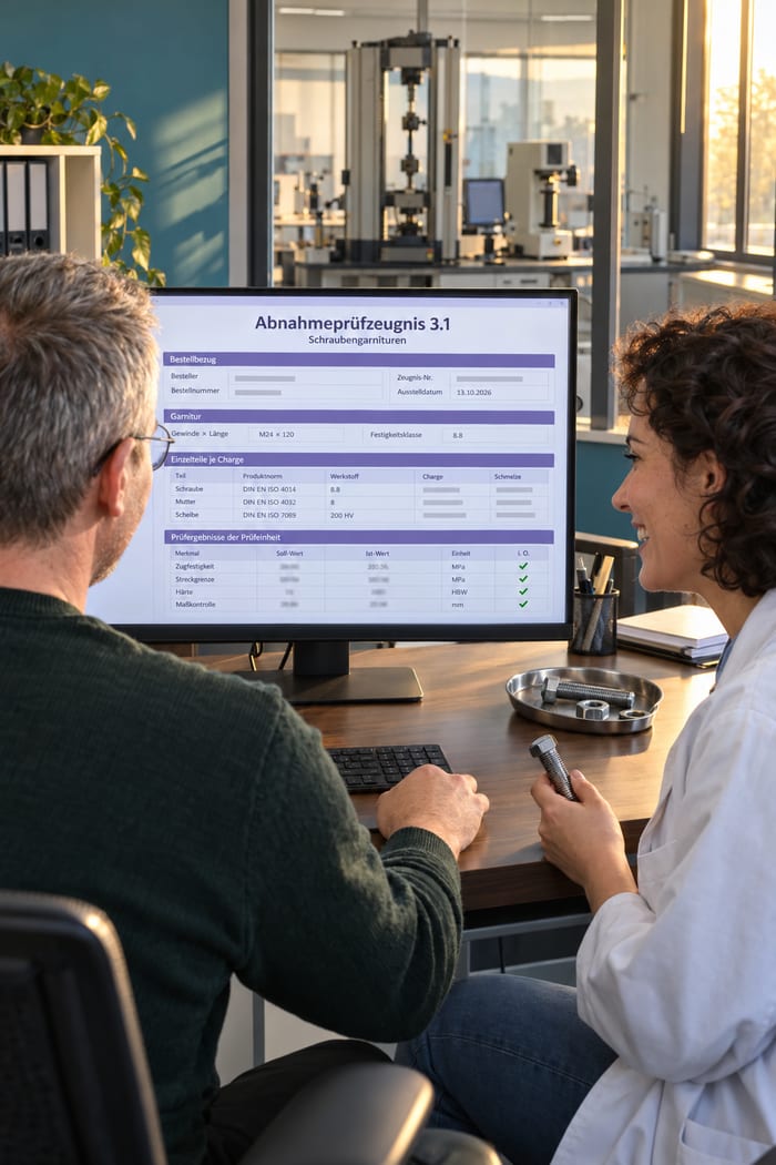 Werkstoffprüferin im Laborkittel und ihr Kollege freuen sich am Monitor über das digitale Abnahmeprüfzeugnis 3.1 für Schraubengarnituren, dahinter das Prüflabor