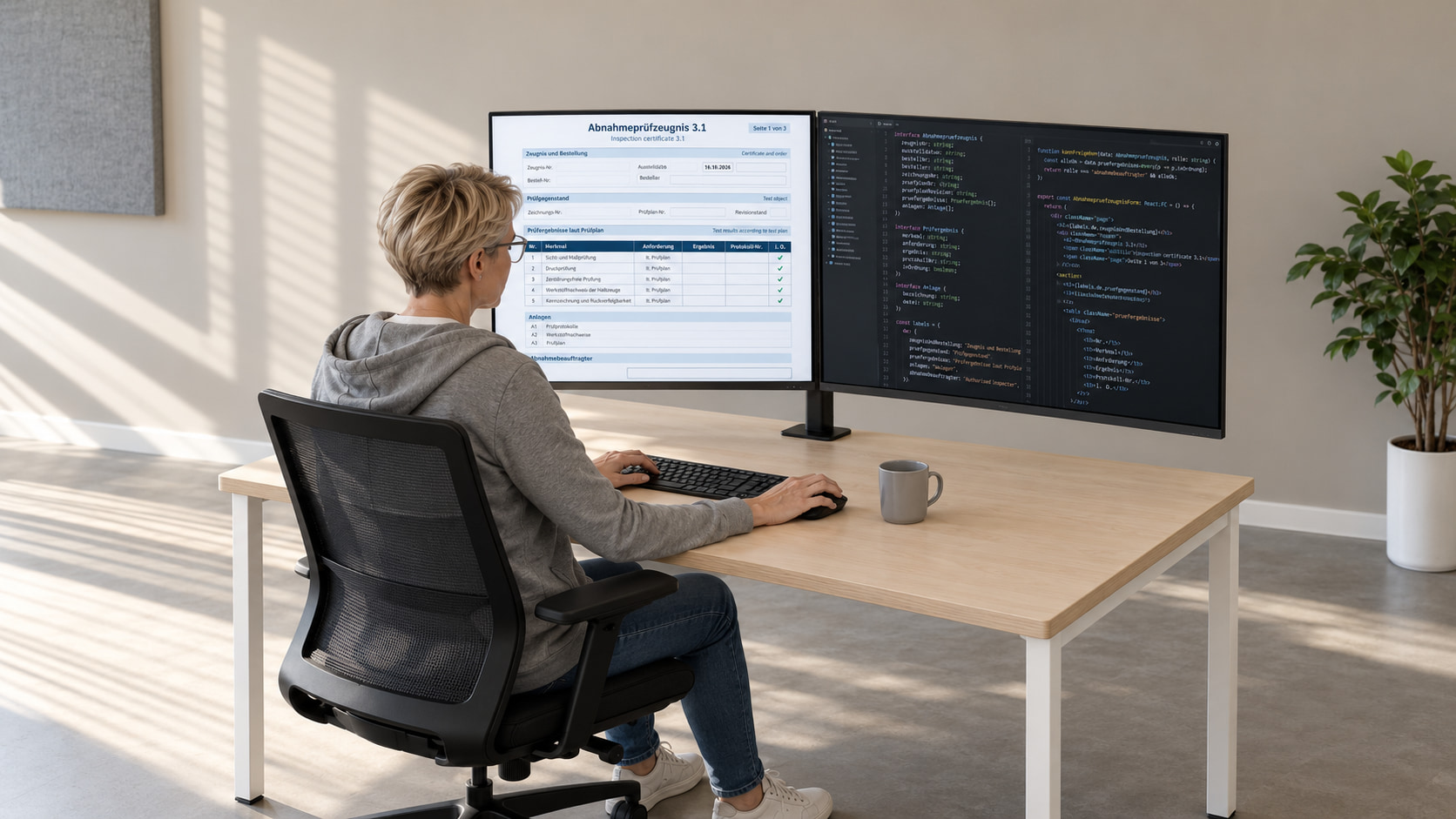 Entwicklerin programmiert das Abnahmeprüfzeugnis: links das zweisprachige Formular Abnahmeprüfzeugnis 3.1 mit Prüfergebnissen laut Prüfplan, rechts der Code