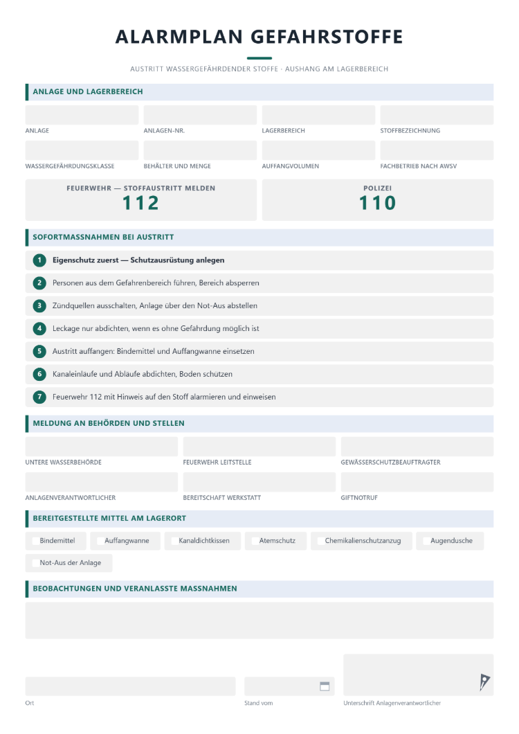 Alarmplan für den Umgang mit Gefahrstoffen