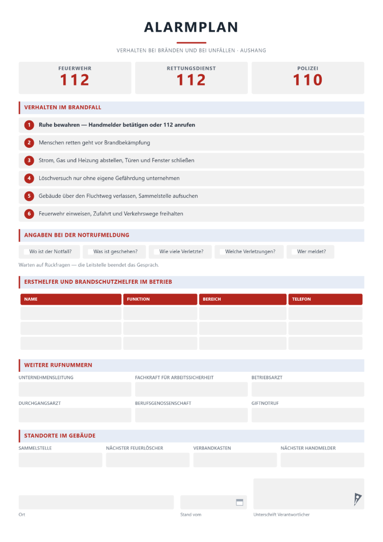 Alarmplan als Aushang für den Betrieb