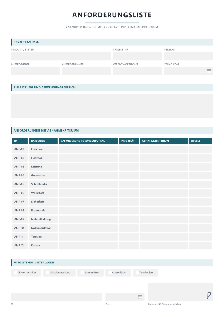Anforderungsliste für die Konstruktion