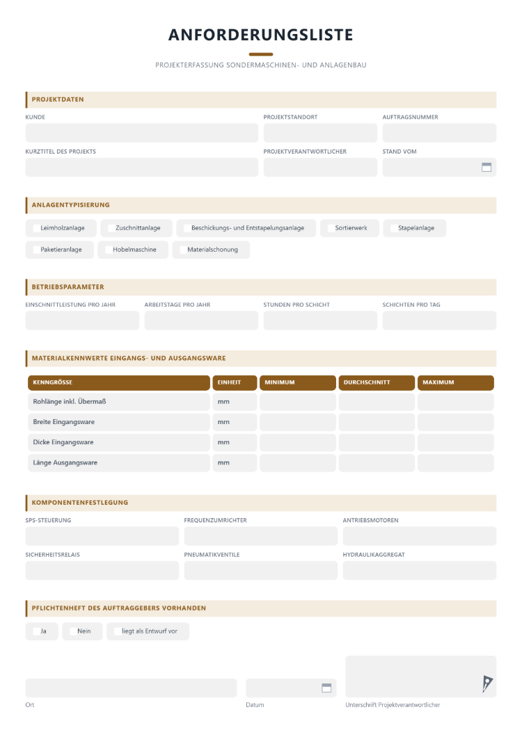 Anforderungsliste im Maschinenbau