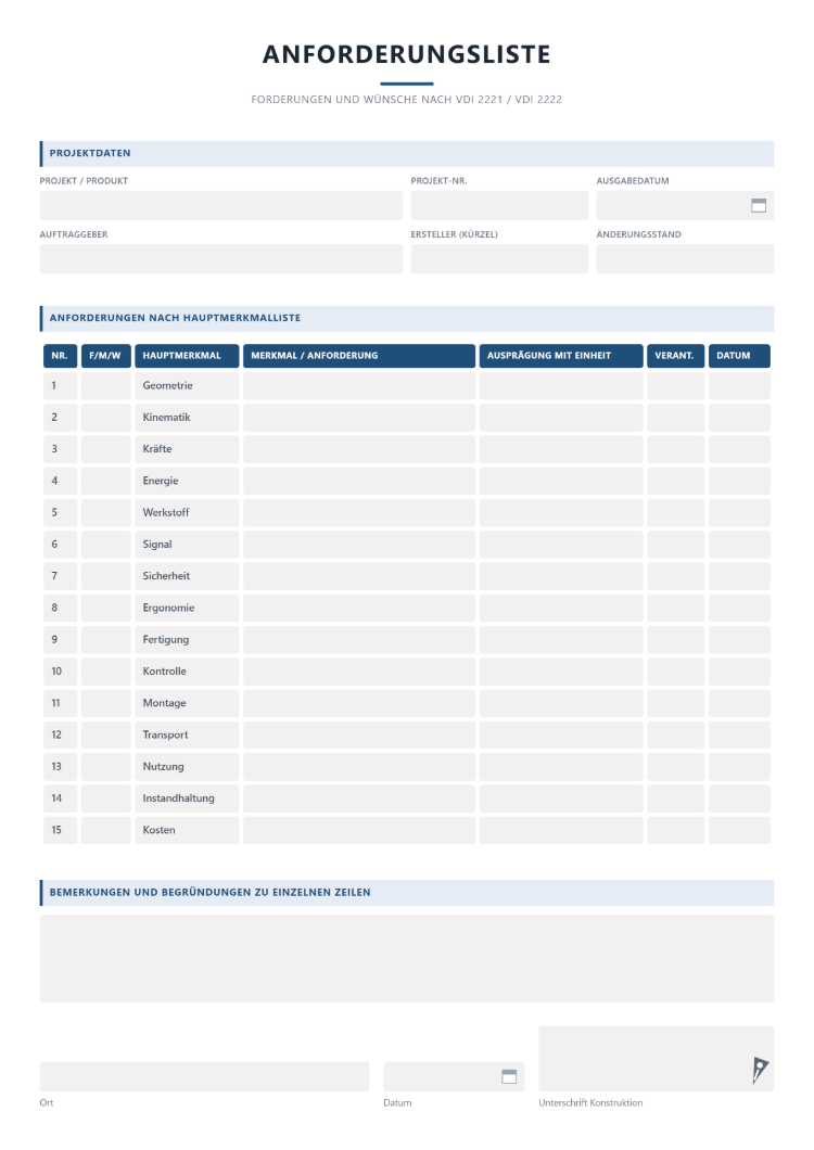 Anforderungsliste Vorlage