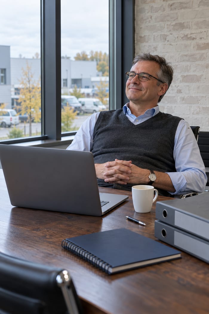 Kaufmännischer Leiter eines Industriebetriebs lehnt sich am Schreibtisch vor dem Laptop zufrieden zurück, daneben Aktenordner und Kaffeetasse
