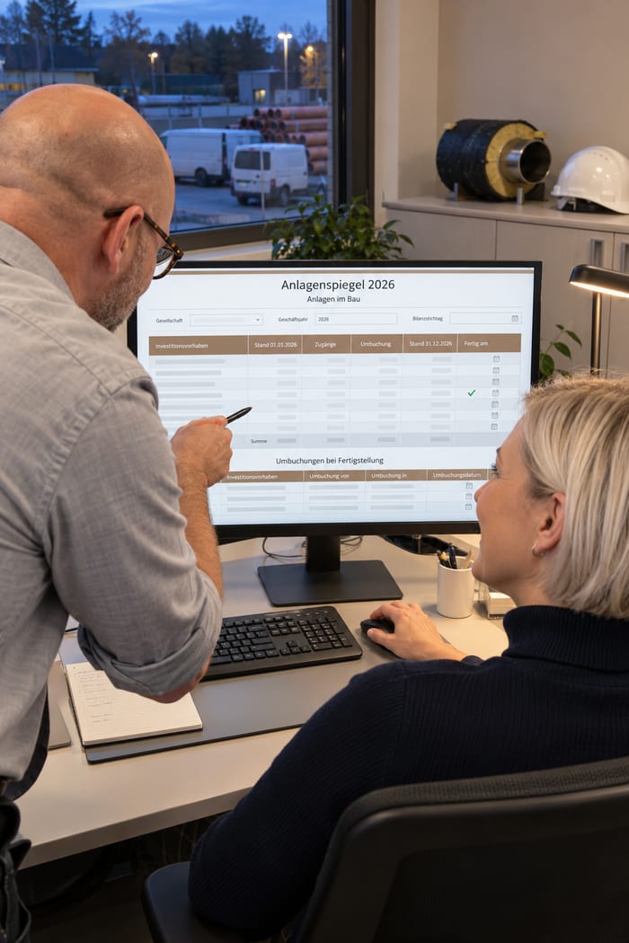 Zwei Mitarbeiter aus dem Rechnungswesen gehen am Monitor das Nebenblatt Anlagen im Bau des digitalen Anlagenspiegels durch