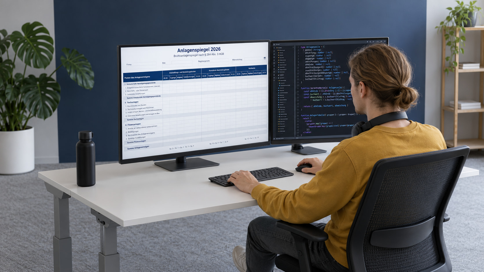 Softwareentwickler programmiert den Anlagenspiegel, links der Bruttoanlagenspiegel nach § 284 Abs. 3 HGB als Formular, rechts der Code dazu