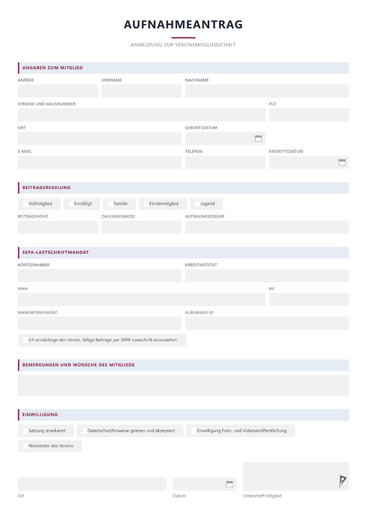Anmeldeformular für den Verein