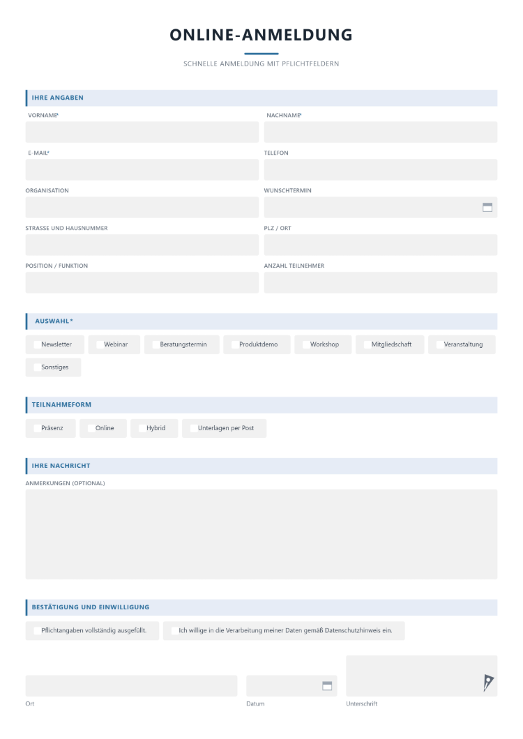 Online-Anmeldeformular Muster