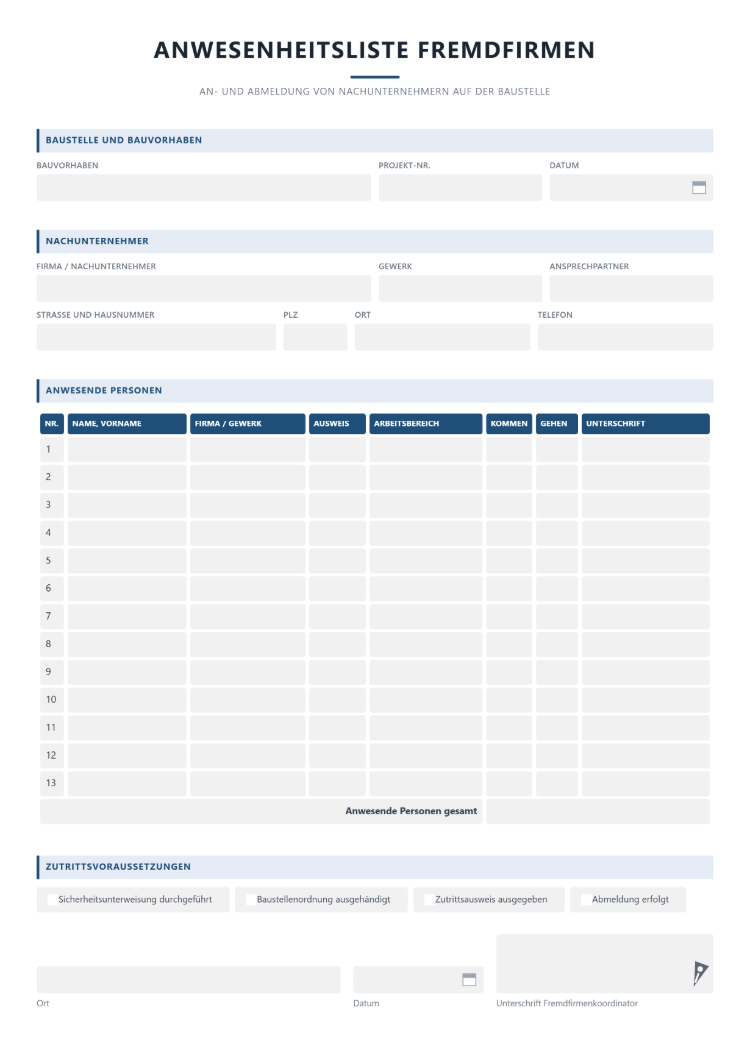 Anwesenheitsliste für Fremdfirmen