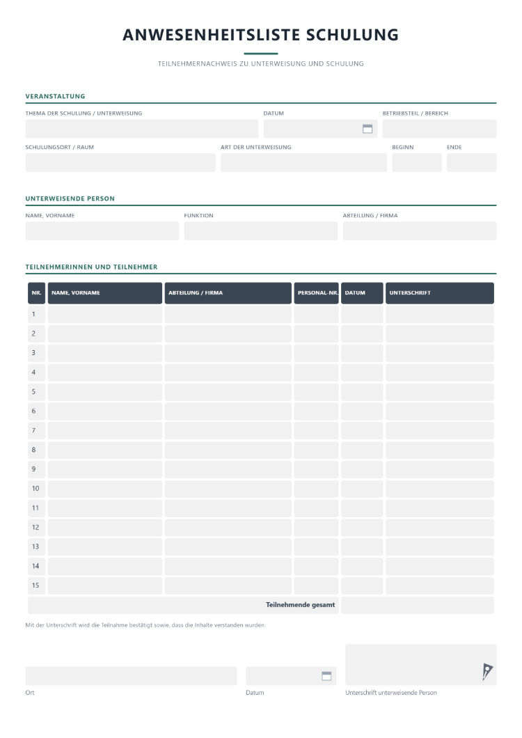 Anwesenheitsliste für Schulungen