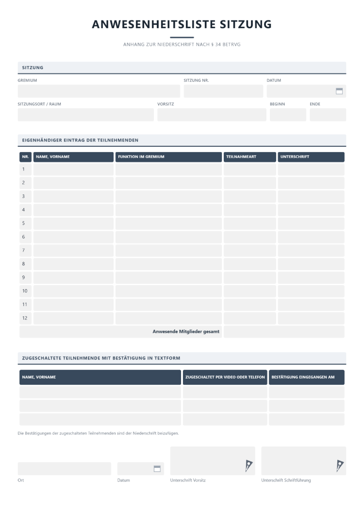 Anwesenheitsliste für Sitzungen