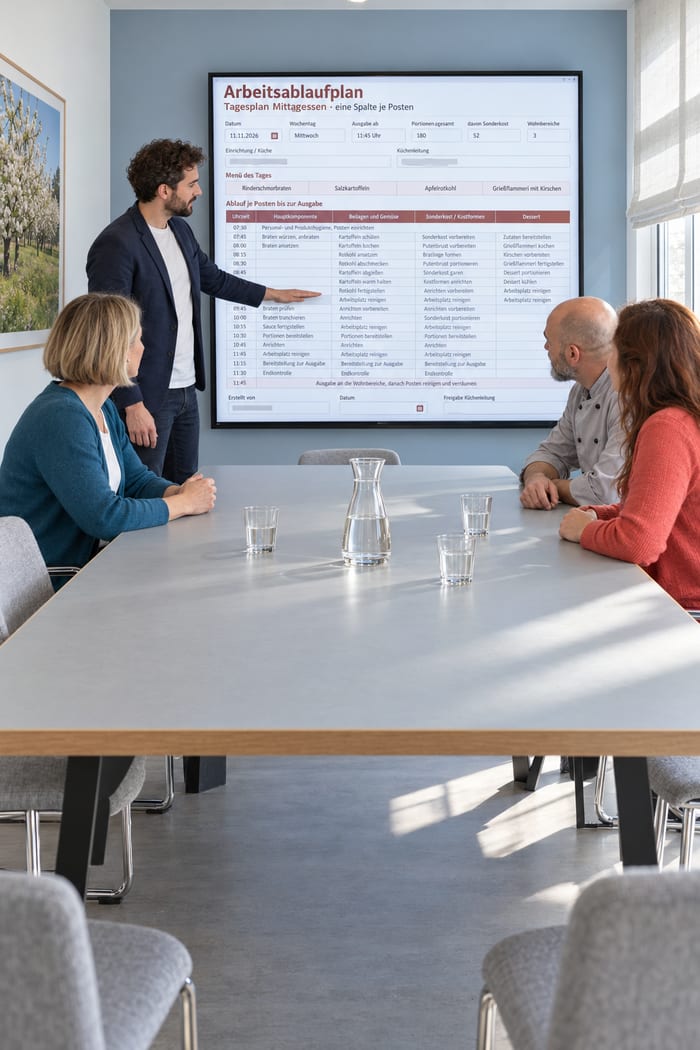 Beratung im Konferenzraum: Ein Berater zeigt am Wandbildschirm den Arbeitsablaufplan als Tagesplan Mittagessen mit Uhrzeitleiste und je einer Spalte für Hauptkomponente, Beilagen und Gemüse, Sonderkost und Dessert