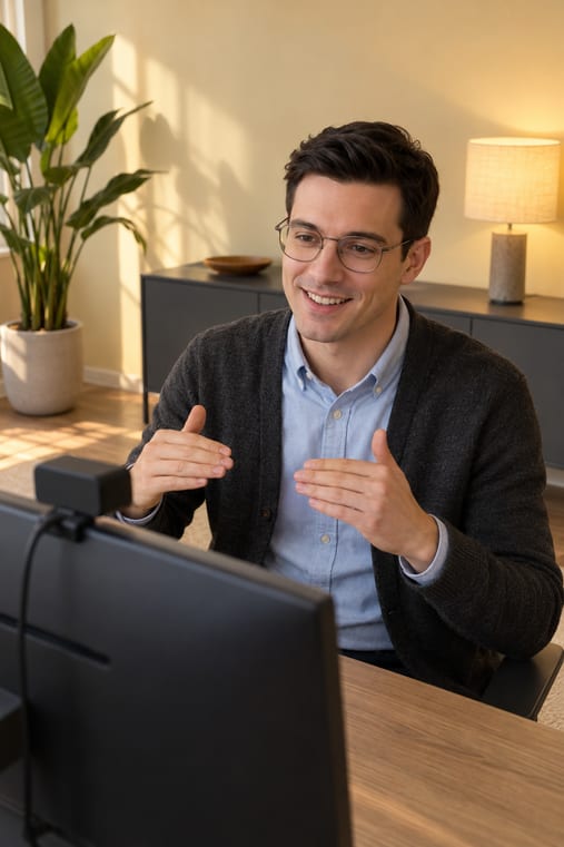 Formilo-Berater mit Brille und Strickjacke erklärt im Online-Meeting, wie der individuelle Arbeitsablaufplan für die Küche entsteht