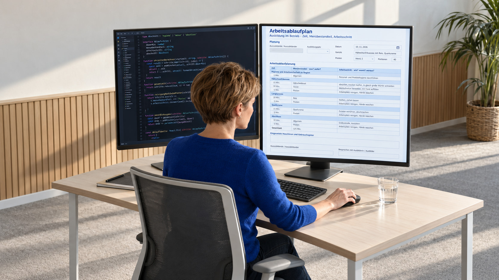 Softwareentwicklerin im blauen Pullover programmiert den Arbeitsablaufplan, links der TypeScript-Code, rechts das Formular für die Ausbildung mit Zeit, Menübestandteil und Arbeitsschritt