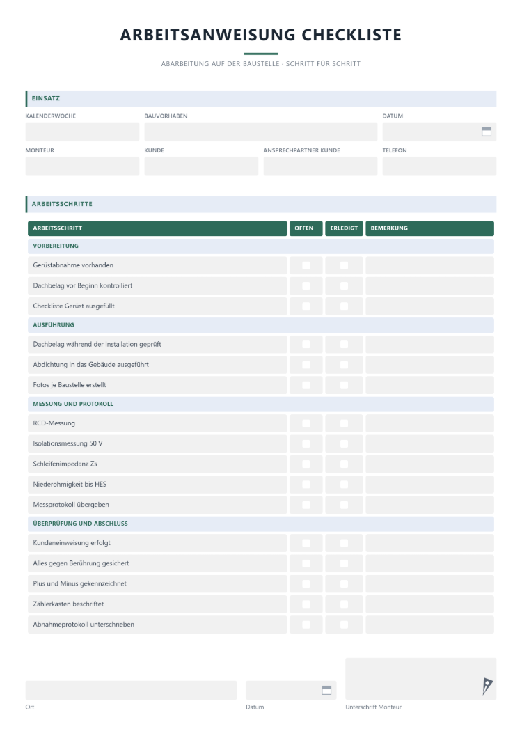 Arbeitsanweisung als Checkliste zur Abarbeitung auf der Baustelle mit Arbeitsschritten und Messprotokoll