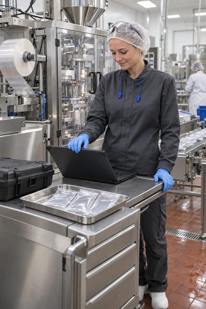 Servicetechnikerin mit Haarnetz, Schutzbrille auf der Stirn und blauen Einweghandschuhen klappt in der Produktionshalle eines Lebensmittelwerks neben einer Schlauchbeutelmaschine lächelnd ihren Laptop auf dem Werkzeugwagen aus Edelstahl zu, daneben eine Schale mit Testbeuteln