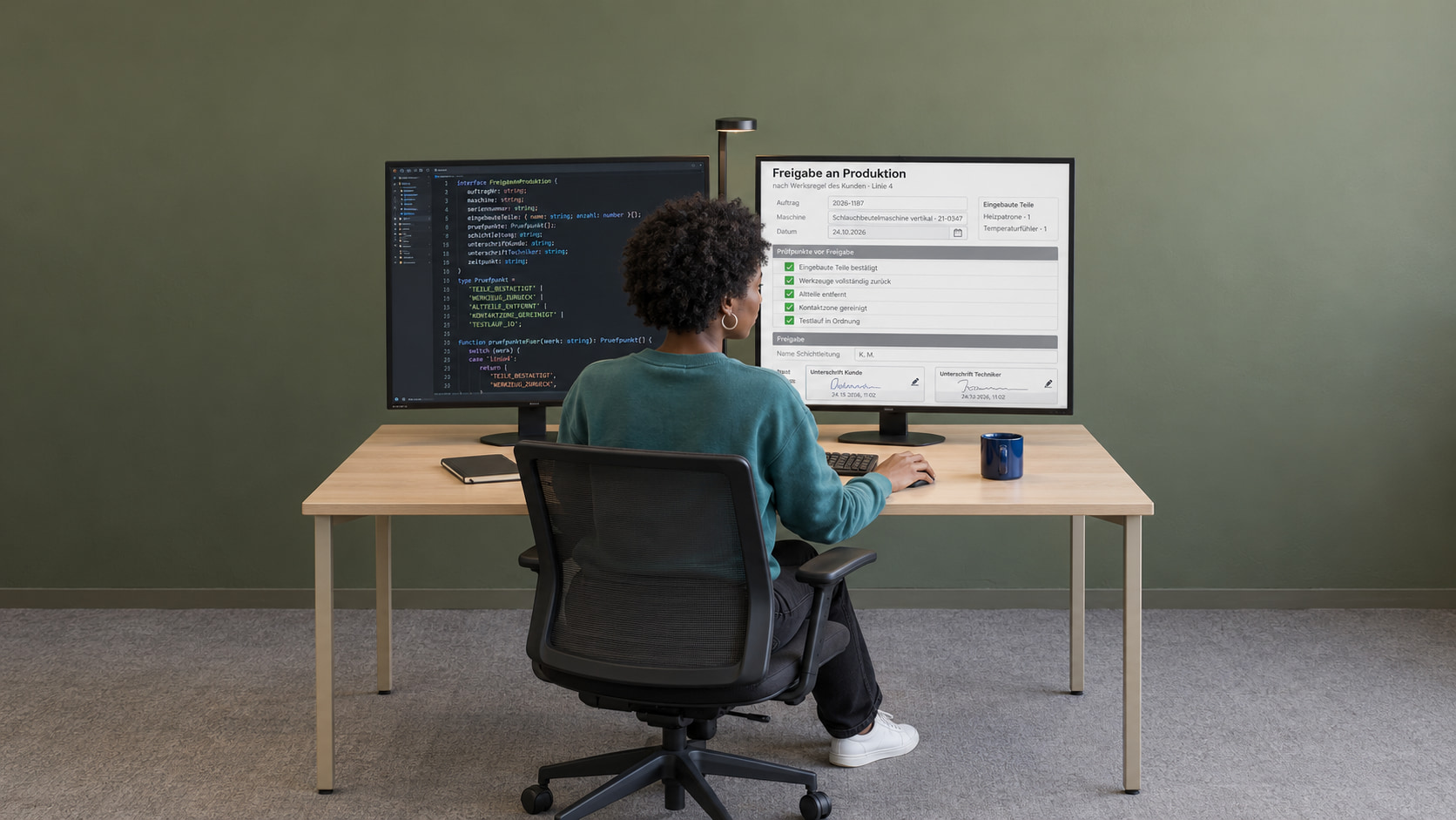 Softwareentwicklerin programmiert den digitalen Arbeitsauftrag: links der TypeScript-Code, rechts die Ansicht Freigabe an Produktion mit Prüfpunkten, Name der Schichtleitung und Unterschriften