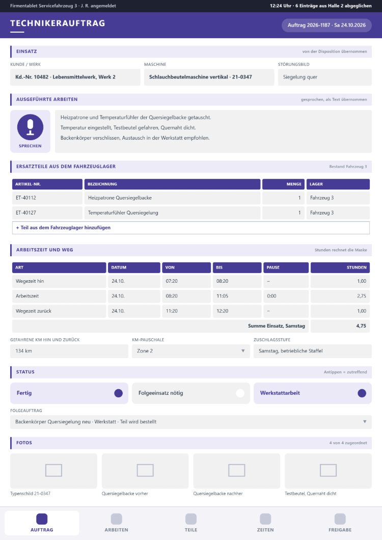 Technikerauftrag am Tablet mit eingesprochenen ausgeführten Arbeiten, Ersatzteilen aus dem Fahrzeuglager, Arbeitszeit und Wegezeit mit Stundensumme, gefahrenen Kilometern, Status Fertig und Werkstattarbeit, Folgeauftrag und Fotos