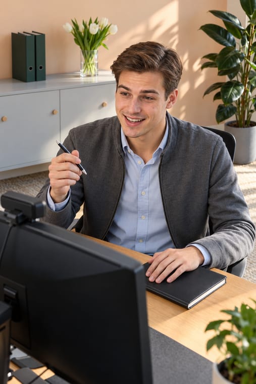 Formilo-Berater mit Seitenscheitel, hellblauem Hemd und grauer Jacke erklärt im Online-Meeting vor seinem Monitor mit Webcam, den Kugelschreiber in der Hand, wie das individuelle Arbeitsauftrag-Formular entsteht