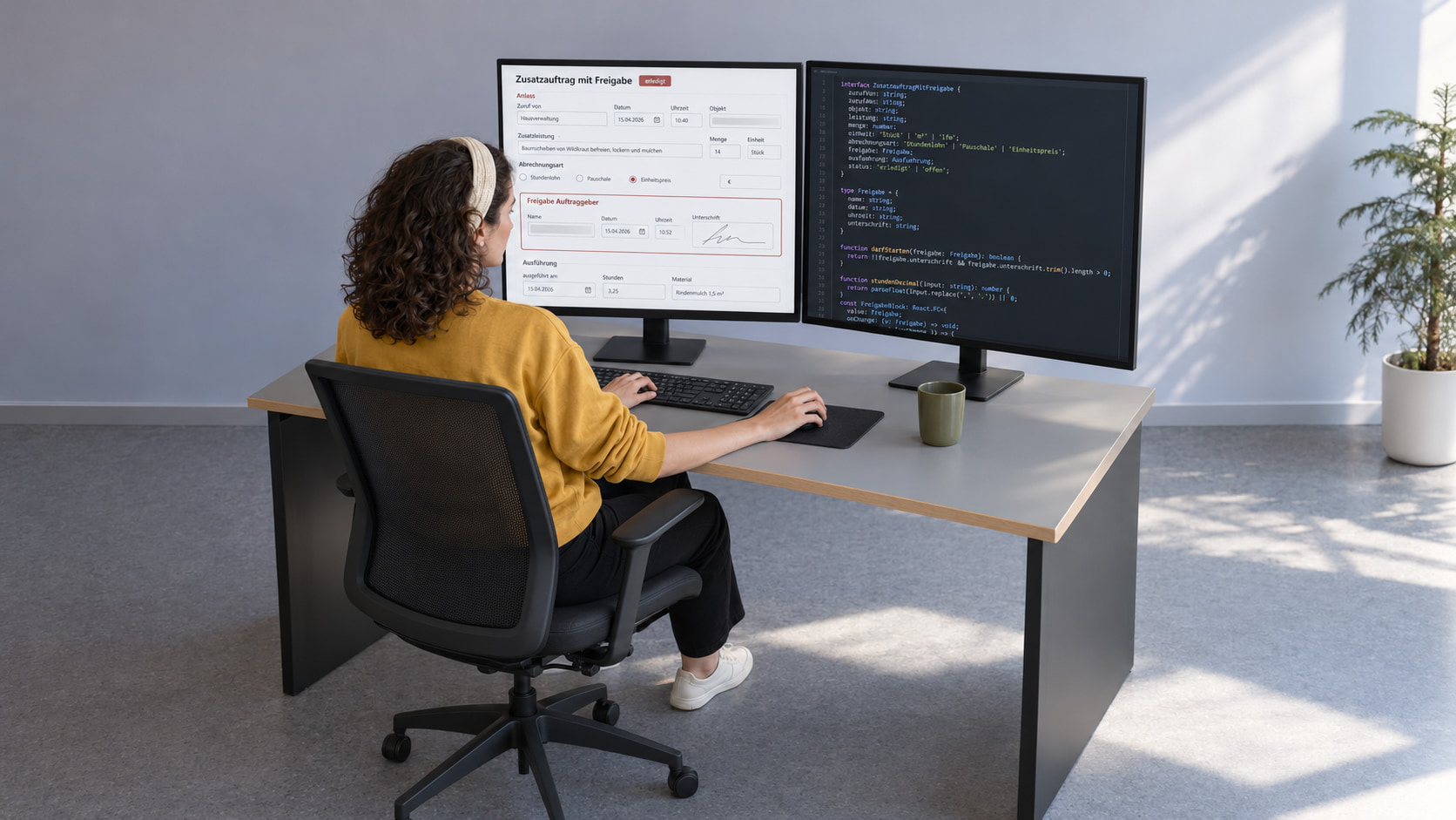 Softwareentwicklerin mit dunklen Locken, hellem Haarband und senfgelbem Sweatshirt programmiert das Arbeitsauftrag-Formular, links der Zusatzauftrag mit Freigabe auf Zuruf der Hausverwaltung, Zusatzleistung Baumscheiben mit 14 Stück, Abrechnungsart Einheitspreis, Block Freigabe Auftraggeber mit Unterschrift und Ausführung mit 3,25 Stunden und Rindenmulch, rechts der TypeScript-Code