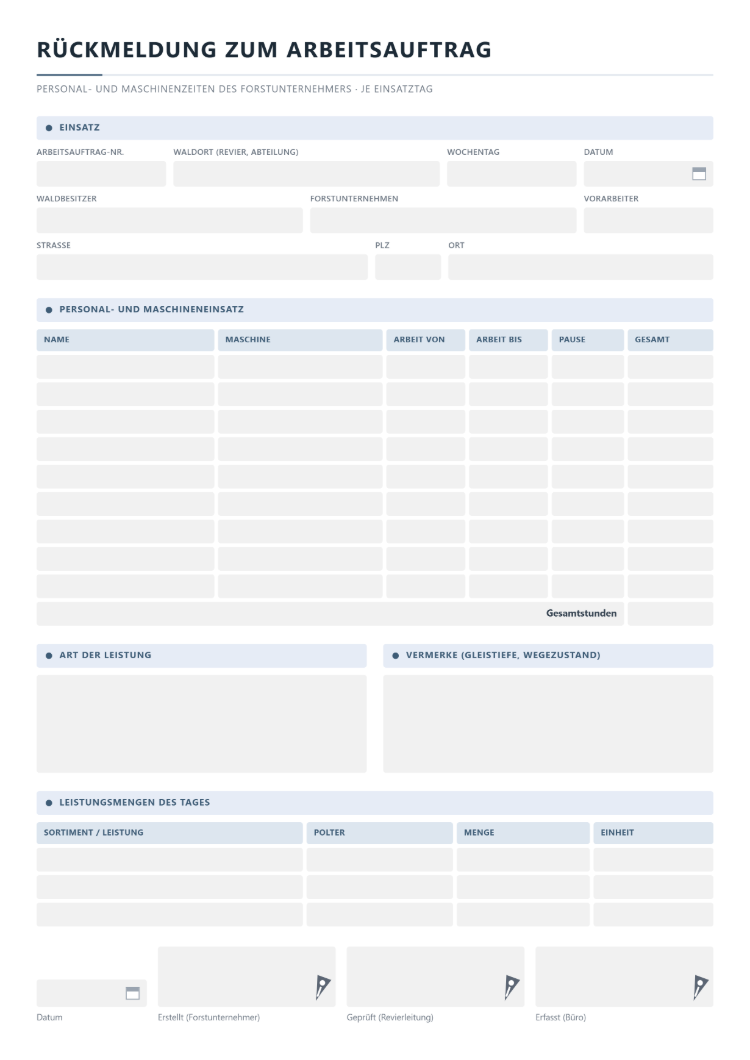 Rückmeldung zum Arbeitsauftrag mit Personal- und Maschinenzeiten des Forstunternehmers je Einsatztag: Einsatz mit Waldort, Waldbesitzer und Vorarbeiter, Tabelle mit Name, Maschine, Arbeit von und bis, Pause und Gesamt samt Gesamtstunden, Art der Leistung, Vermerke zu Gleistiefe und Wegezustand, Leistungsmengen des Tages und drei Unterschriften