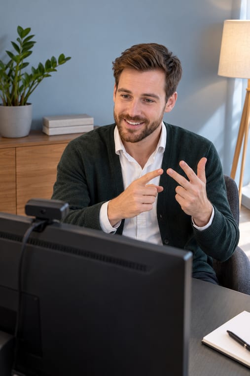 Formilo-Berater im dunkelgrünen Cardigan zählt im Online-Meeting an den Fingern ab, wie aus dem bisherigen Muster ein individueller Arbeitsauftrag für die Holzernte entsteht