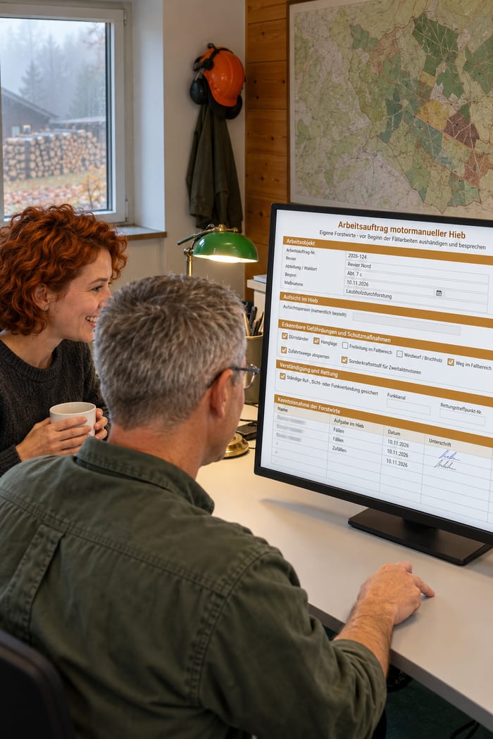 Zwei Mitarbeiter eines Forstbetriebs freuen sich im Büro vor dem Monitor mit dem Arbeitsauftrag für den motormanuellen Hieb, an der Wand eine Revierkarte und ein Forsthelm mit Gehörschutz