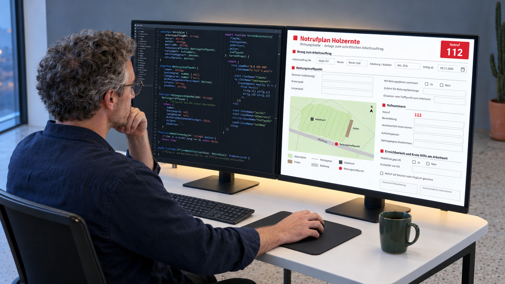 Softwareentwickler programmiert das Arbeitsauftrag-Muster, rechts der Notrufplan Holzernte mit Rettungstreffpunkt, Kartenausschnitt und Rufnummern, links der TypeScript-Code