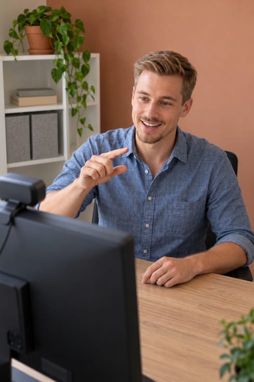 Formilo-Berater im blauen Hemd erklärt im Online-Meeting mit einer Handgeste, wie der individuelle Arbeitsauftrag Pflege Schritt für Schritt entsteht