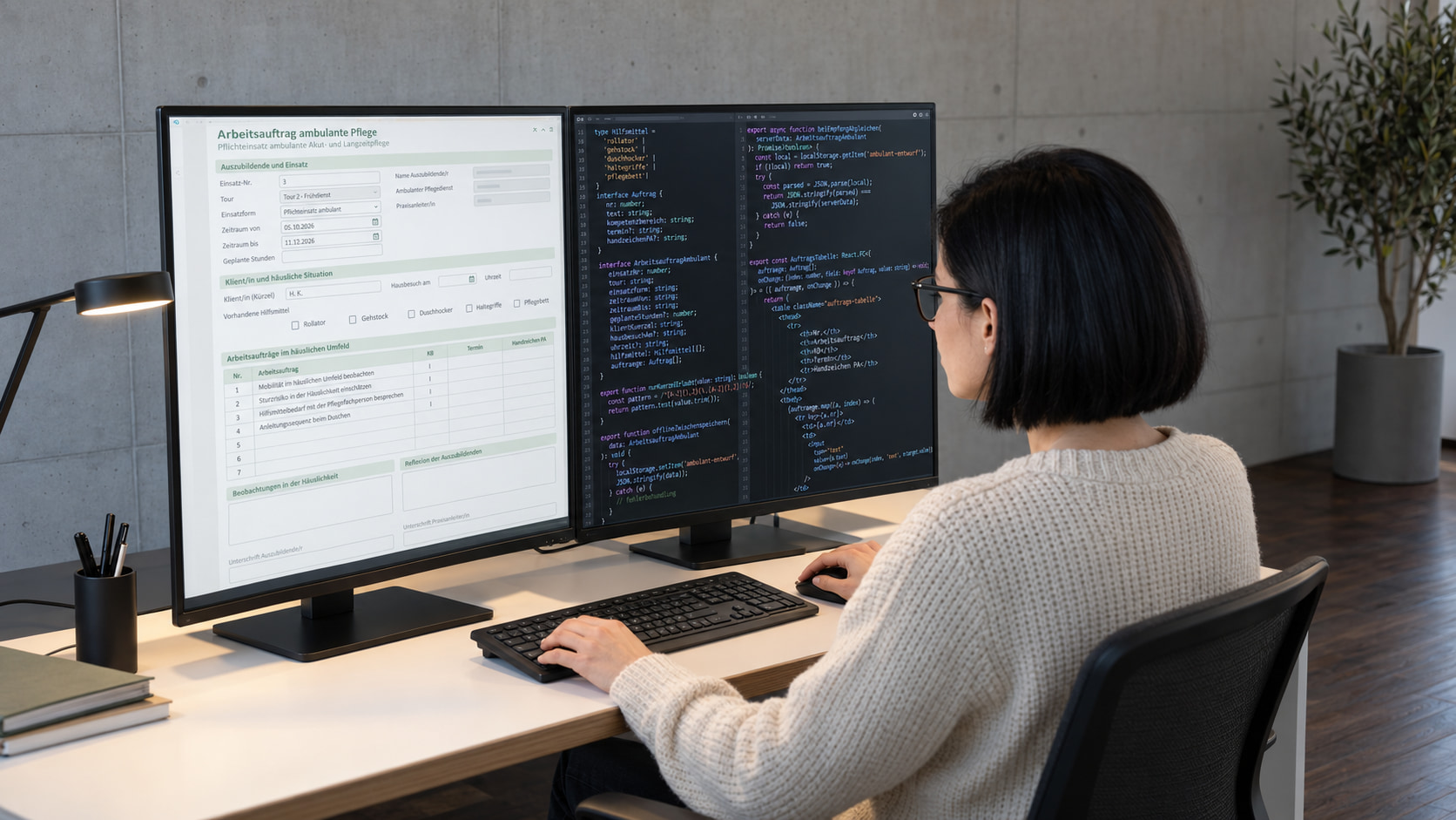 Softwareentwicklerin programmiert den Arbeitsauftrag Pflege, links der Arbeitsauftrag ambulante Pflege mit Tour, Klientenkürzel, Hilfsmitteln und Arbeitsaufträgen im häuslichen Umfeld, rechts der TypeScript-Code