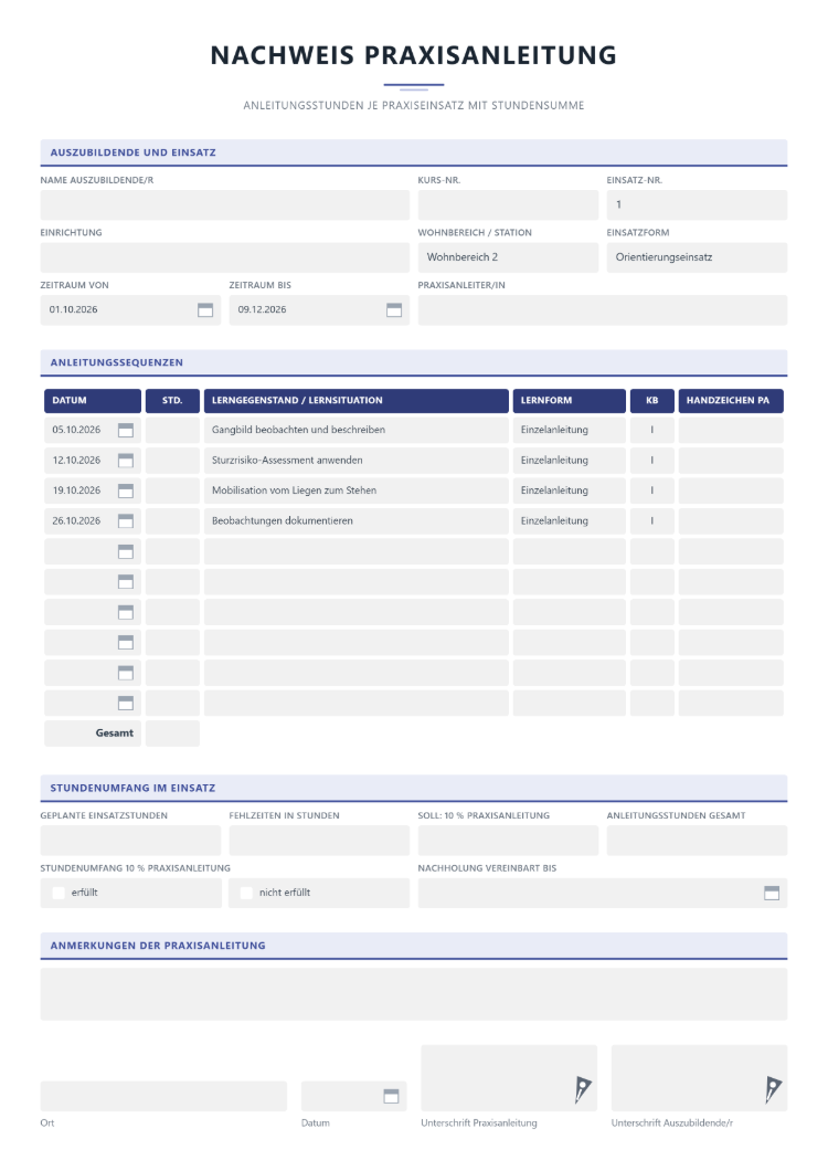 Nachweis der Praxisanleitung mit Tabelle der Anleitungssequenzen aus Datum, Stunden, Lerngegenstand, Lernform, Kompetenzbereich und Handzeichen PA samt Gesamtzeile, Block zum Stundenumfang im Einsatz mit geplanten Einsatzstunden, Fehlzeiten und Soll von 10 % Praxisanleitung, Ankreuzfeld erfüllt oder nicht erfüllt sowie Unterschriften