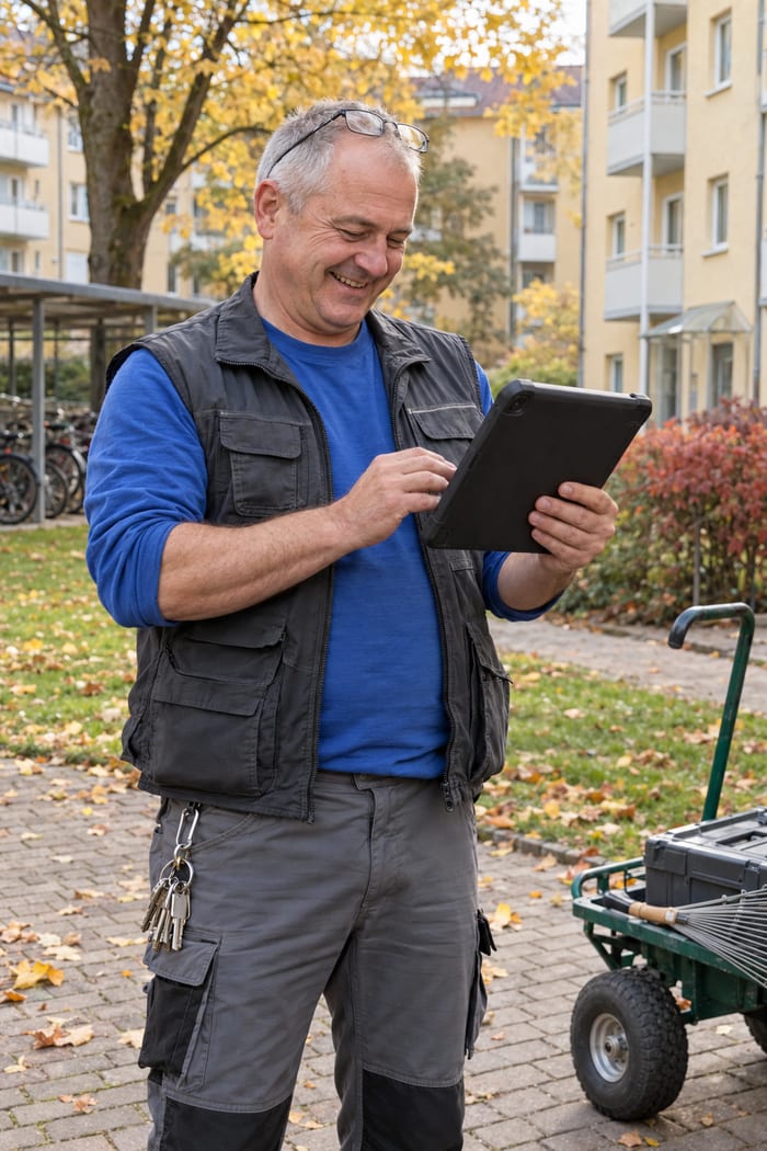 Hausmeister mit Lesebrille auf dem Kopf, grauer Arbeitsweste und Schlüsselbund am Gürtel steht im herbstlichen Innenhof einer Wohnanlage neben seinem Handwagen und tippt lächelnd auf seinem Tablet