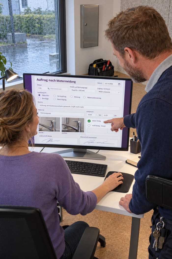 Hausmeister mit Schlüsselbund am Gürtel zeigt der Disponentin am Monitor den erledigten Auftrag nach Mietermeldung mit Fotos der Küchenarmatur vorher und nachher, draußen regnet es auf den Hof