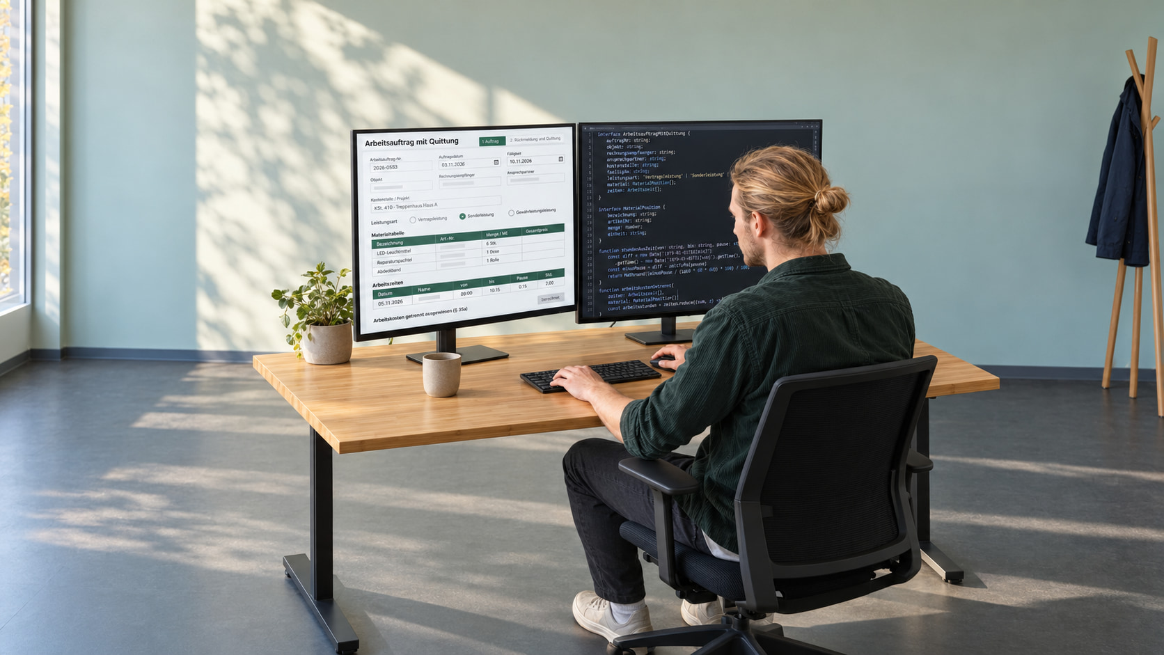 Softwareentwickler mit Haarknoten programmiert die Arbeitsauftrag-Vorlage, links der Arbeitsauftrag mit Quittung mit Kostenstelle, Leistungsart, Materialtabelle und Arbeitszeiten, rechts der TypeScript-Code