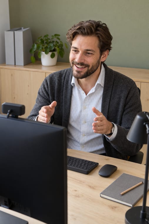 Formilo-Berater erklärt im Online-Meeting, wie die Arbeitsbericht-App für einen PV-Fachbetrieb entsteht