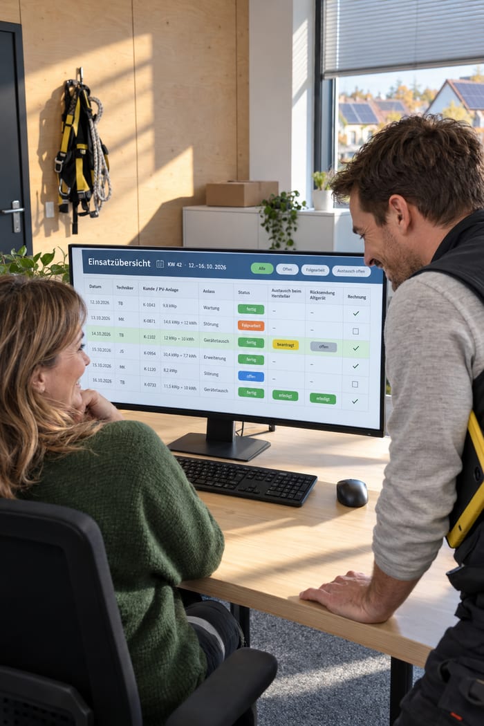 Innendienst-Kollegin und Servicetechniker eines PV-Fachbetriebs lachen am Monitor über die Einsatzübersicht der Arbeitsbericht-App mit Anlass, Status, Austausch beim Hersteller und Rücksendung des Altgeräts, im Fenster Hausdächer mit Solarmodulen