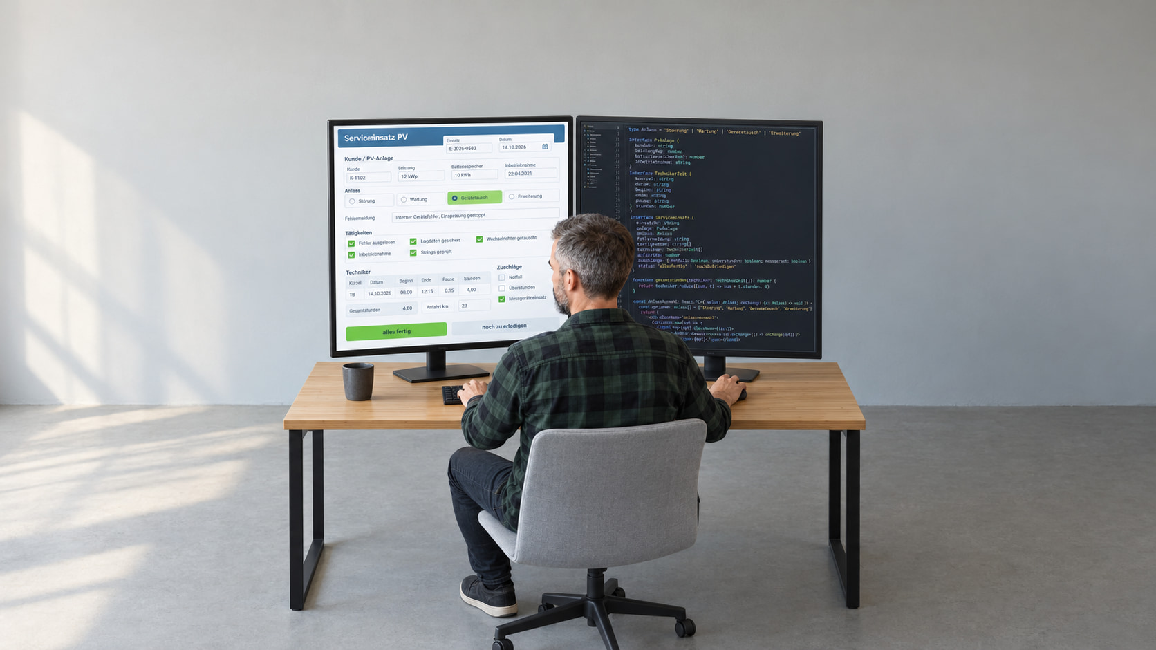 Softwareentwickler programmiert die Arbeitsbericht-App: links die Maske Serviceeinsatz PV mit Kunde und PV-Anlage, Anlass Gerätetausch, Tätigkeiten und Technikerstunden, rechts der TypeScript-Code dazu