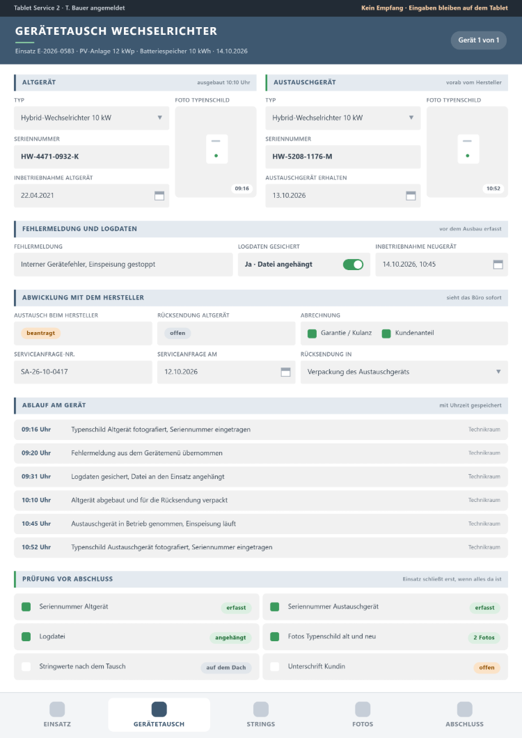 Maske Gerätetausch Wechselrichter der Arbeitsbericht-App mit Typ und Seriennummer von Altgerät und Austauschgerät samt Typenschild-Fotos, Fehlermeldung, gesicherten Logdaten, Abwicklung mit dem Hersteller, Ablauf am Gerät mit Uhrzeiten und Prüfung vor Abschluss