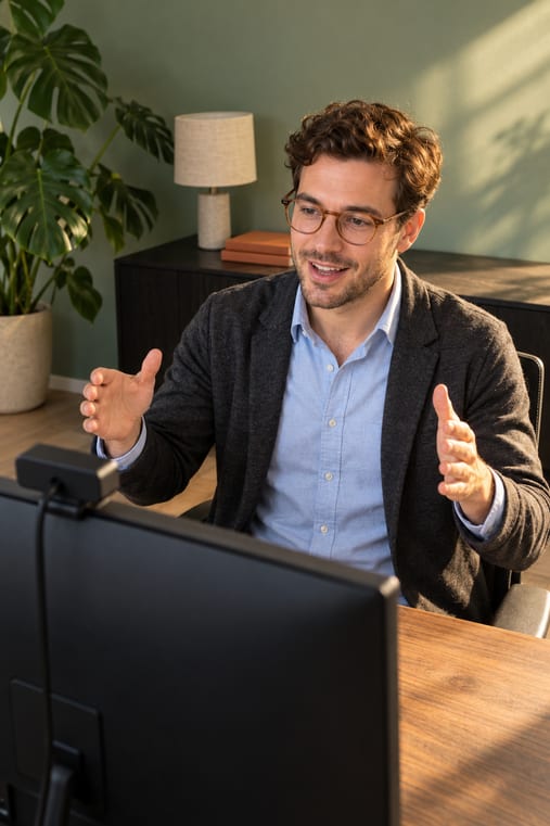 Formilo-Berater erklärt im Online-Meeting, wie der digitale Arbeitsbericht für einen Werbetechnik-Betrieb entsteht