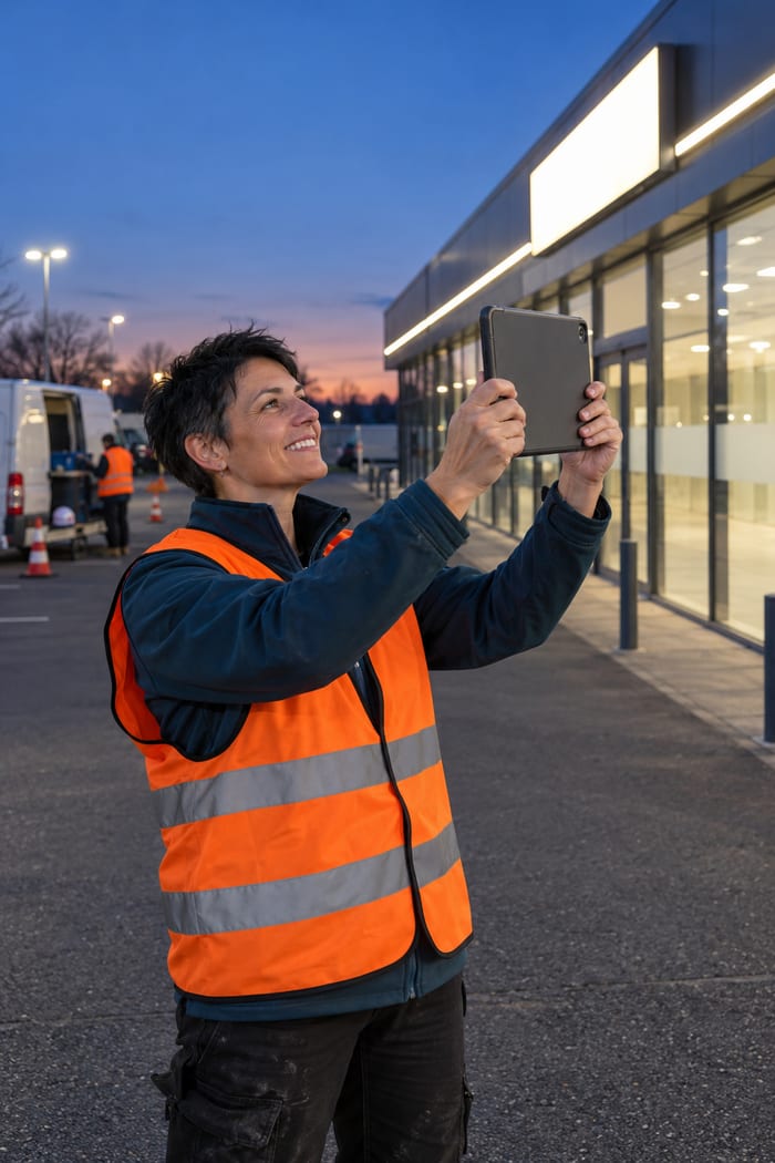 Montage-Vorarbeiterin eines Werbetechnik-Betriebs in orangefarbener Warnweste fotografiert in der Abenddämmerung lächelnd mit dem Tablet den frisch montierten, unbeschrifteten Leuchtkasten über der Glasfront eines Fachmarktzentrums, im Hintergrund Montagewagen und ein Monteur