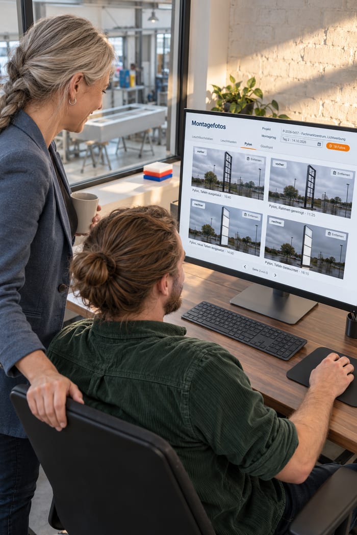 Projektleiterin und Sachbearbeiter eines Werbetechnik-Betriebs freuen sich im Büro über die sortierten Montagefotos vom Pylon im digitalen Arbeitsbericht, durch die Glaswand der Blick in die Fertigung mit einem Leuchtkasten-Gehäuse
