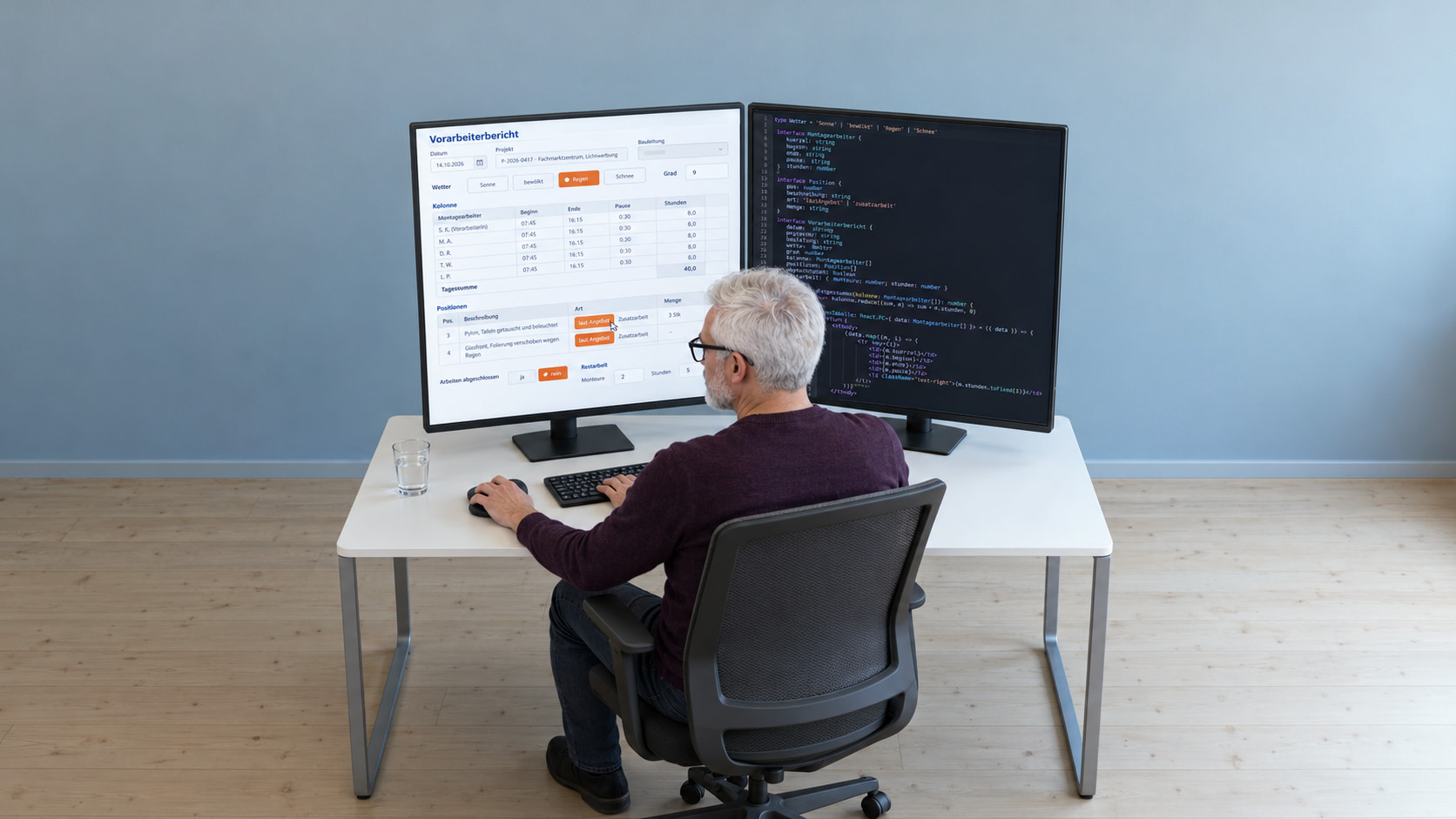 Softwareentwickler programmiert den digitalen Arbeitsbericht: links der Vorarbeiterbericht mit Wetter, Kolonne, Tagessumme und Positionen laut Angebot oder Zusatzarbeit, rechts der TypeScript-Code