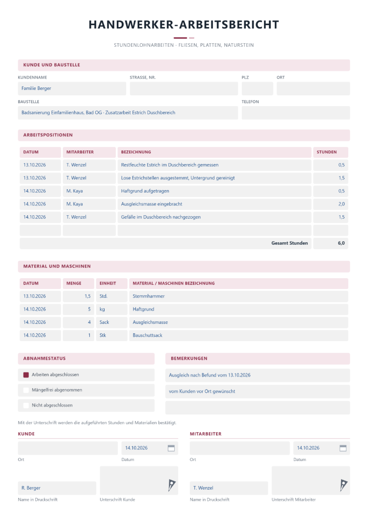 Handwerker-Arbeitsbericht für Stundenlohnarbeiten im Fliesenhandwerk mit Kunde und Baustelle, Arbeitspositionen nach Datum, Mitarbeiter und Stunden, Material und Maschinen mit Einheit, Abnahmestatus und Bemerkungen sowie Unterschrift von Kunde und Mitarbeiter mit Ort und Datum