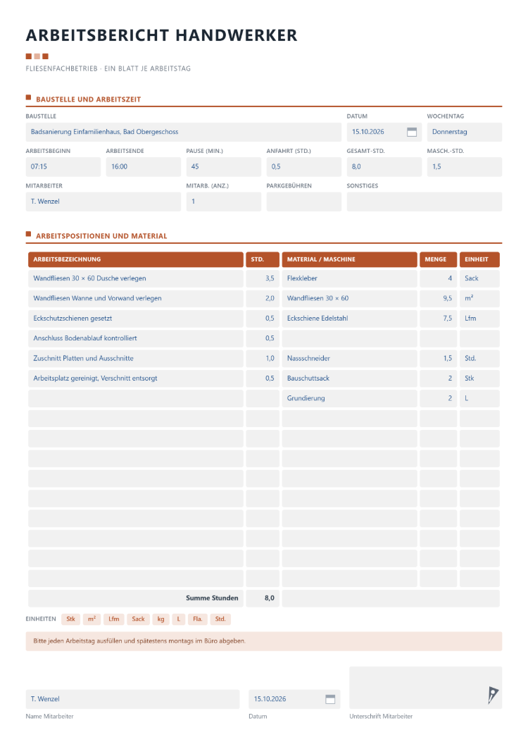 Arbeitsbericht Handwerker als Tagesblatt eines Fliesenfachbetriebs mit Baustelle, Datum und Wochentag, Arbeitsbeginn, Arbeitsende, Pause, Anfahrt, Gesamt- und Maschinenstunden, Tabelle aus Arbeitsbezeichnung, Stunden, Material, Menge und Einheit sowie Unterschrift des Mitarbeiters
