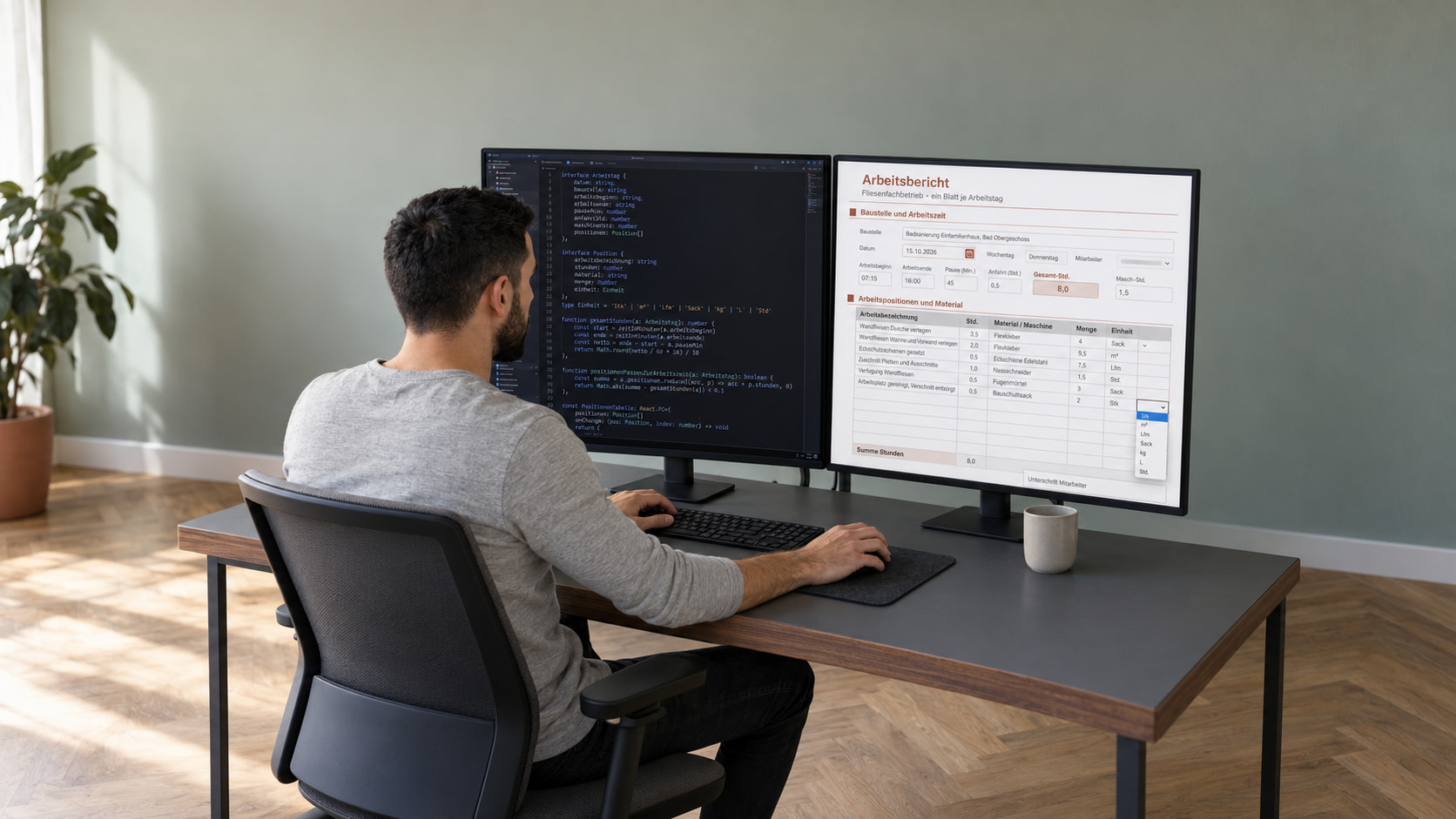 Softwareentwickler programmiert den Arbeitsbericht für Handwerker, rechts das Tagesblatt des Fliesenfachbetriebs mit Arbeitszeit, Arbeitspositionen und Material, links der TypeScript-Code
