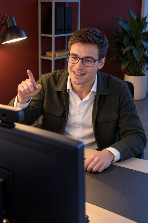 Formilo-Berater mit dunkel gerahmter Brille, weißem Hemd und olivgrünem Overshirt erklärt im Online-Meeting vor seinem Monitor mit Webcam mit erhobenem Zeigefinger, wie das individuelle Arbeitsbericht-Muster entsteht