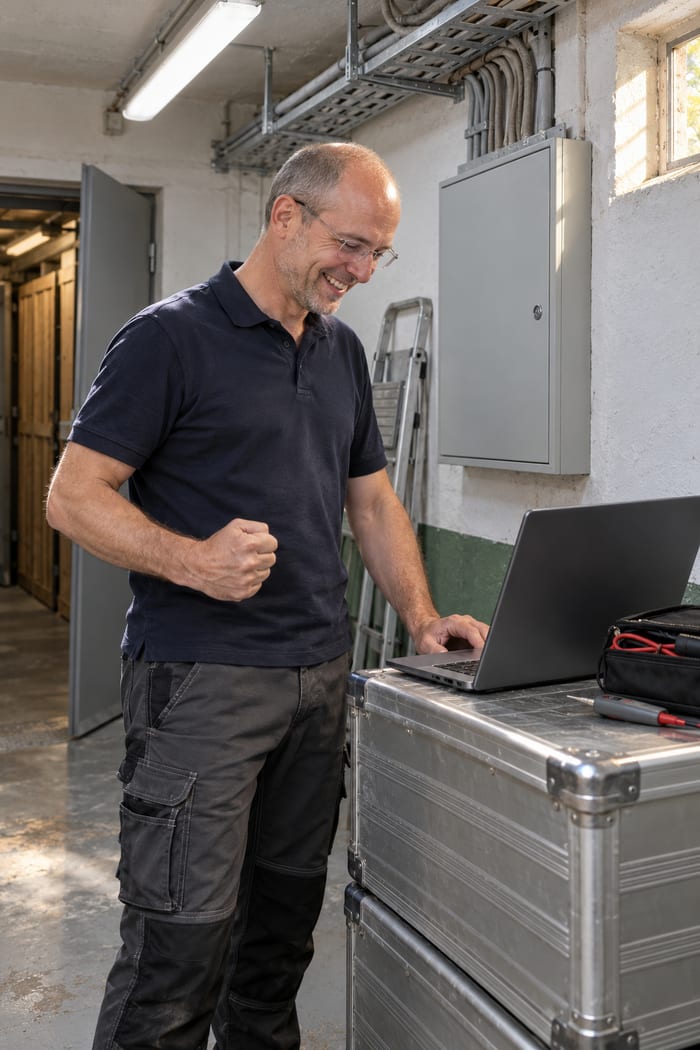 Elektroniker mit randloser Brille und dunkelblauem Poloshirt ballt im Technikraum im Keller lächelnd die Faust, die andere Hand am Laptop auf zwei gestapelten Alu-Transportkisten, daneben eine Tasche mit Messleitungen, an der Wand die geschlossene Unterverteilung unter einer Kabelpritsche, durch die offene Tür Kellerabteile aus Holzlatten